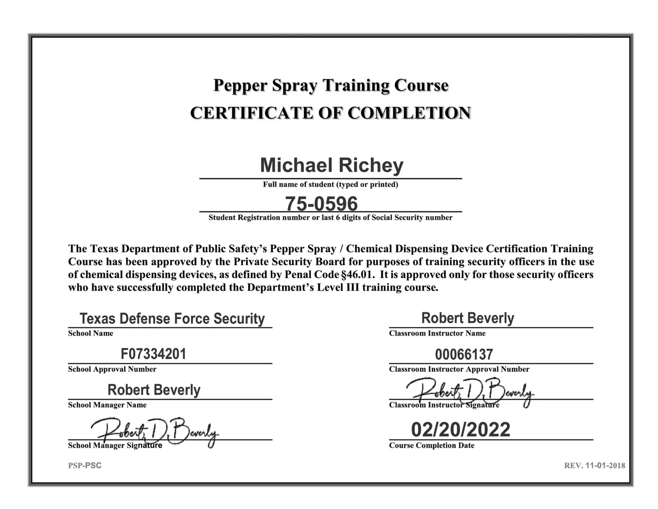 Certificates for Michael Richey